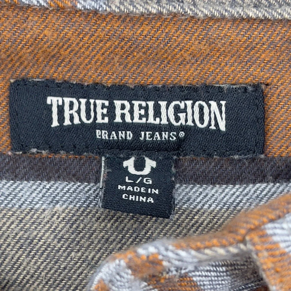 True Religion‎ Mens Striped Long Sleeve Button Down Shirt Brown Gray Large